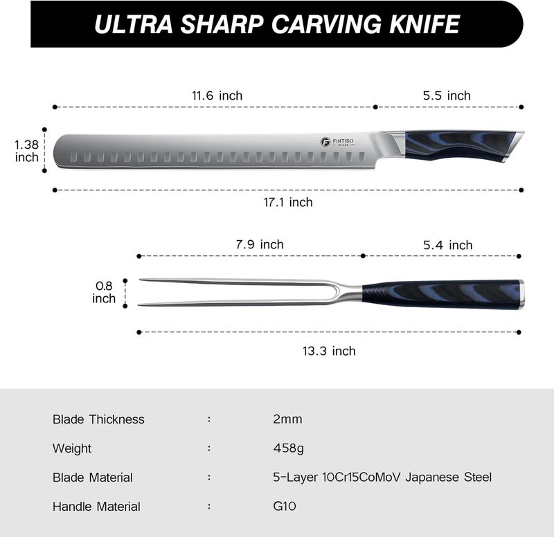 FINTISO BBQ Carving Knife Set, Brisket Slicing Knife and Fork Set, Japanese High Carbon Steel Slicing Knives with G10 Handle, Full Tang Ultra Sharp Meat Cleaver - Image 4